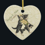 Posh Cats Wedding Ivory Ceramic Ornament<br><div class="desc">Adorable Wedding Cats on ivory floral damask. Sweet bride cat holds an ivory white rose wedding bouquet and Groom cat struts beside her with his black top hat.</div>