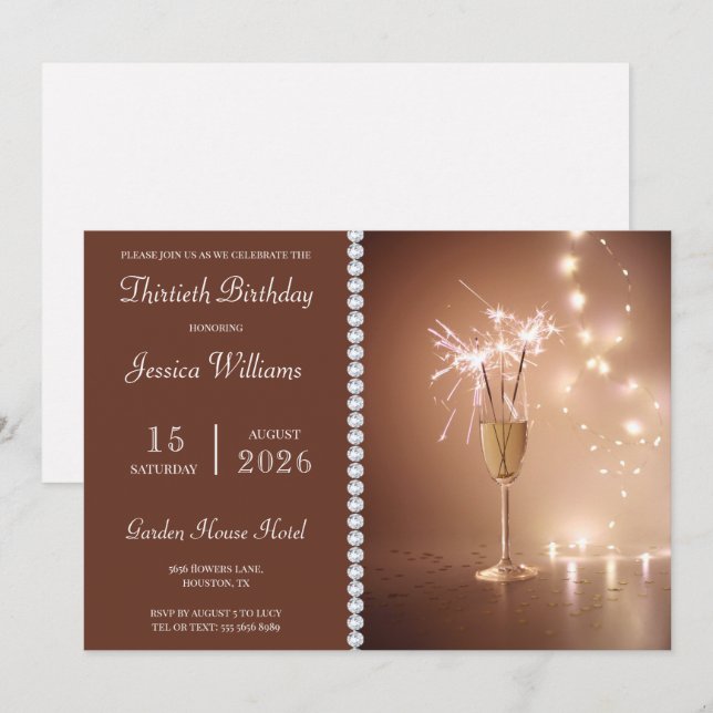 Posh Champagne, Sparkles & Lights Birthday Party Invitation (Front/Back)