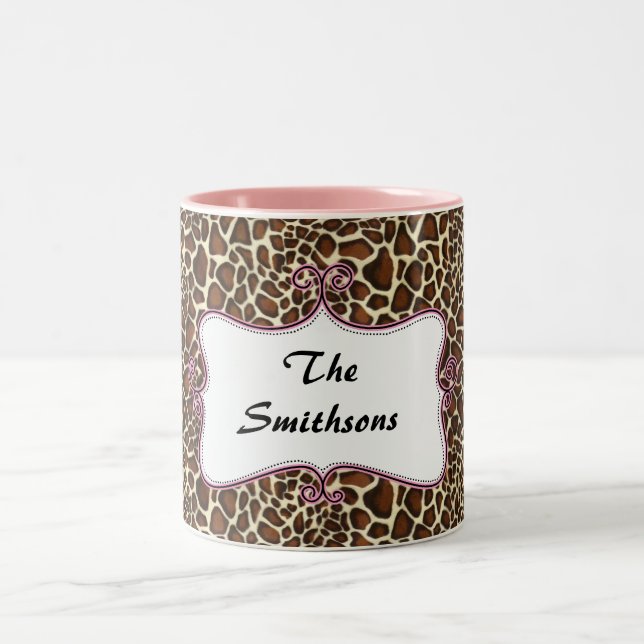 Posh chic trendy leopard print,pink personalised Two-Tone coffee mug (Center)