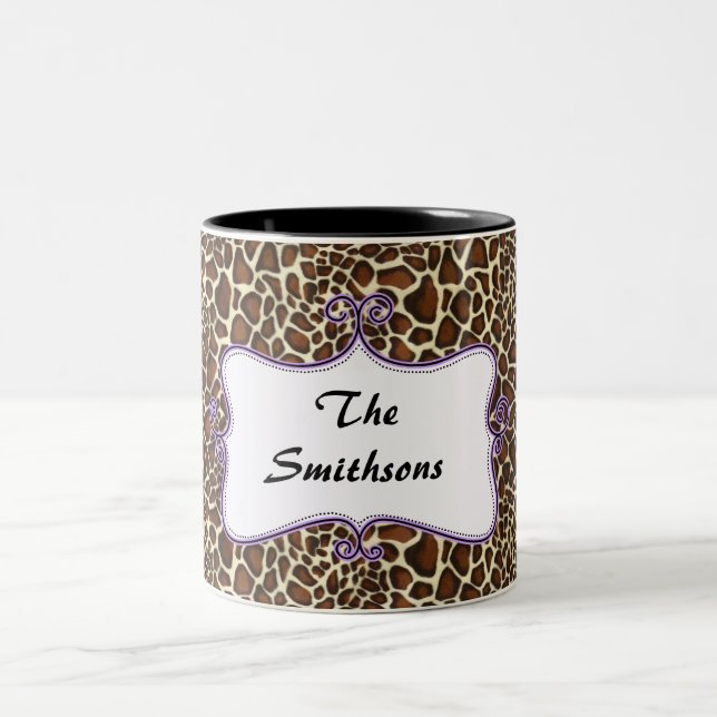 Posh chic trendy leopard print,purple personalised Two-Tone coffee mug (Center)