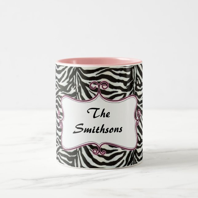 Posh chic trendy zebra stripes,pink personalised Two-Tone coffee mug (Center)