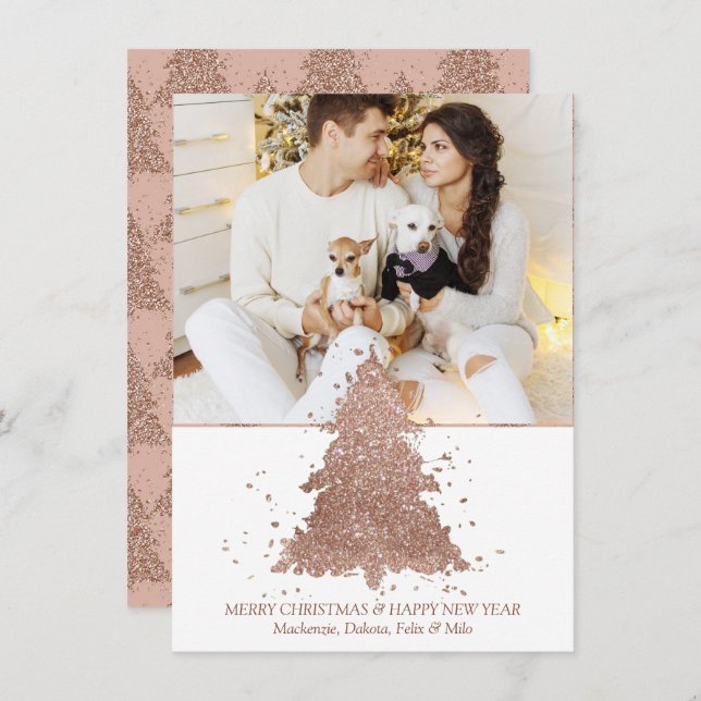 Posh Christmas Tree | Glam Rose Gold Photo Holiday Card (Front/Back)
