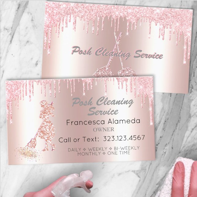 Posh Cleaning Service Metallic Pink Glitter Drips Business Card (Creator Uploaded)
