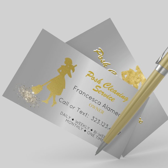 Posh Cleaning Service Metallic Steel Gold Template Business Card (Creator Uploaded)
