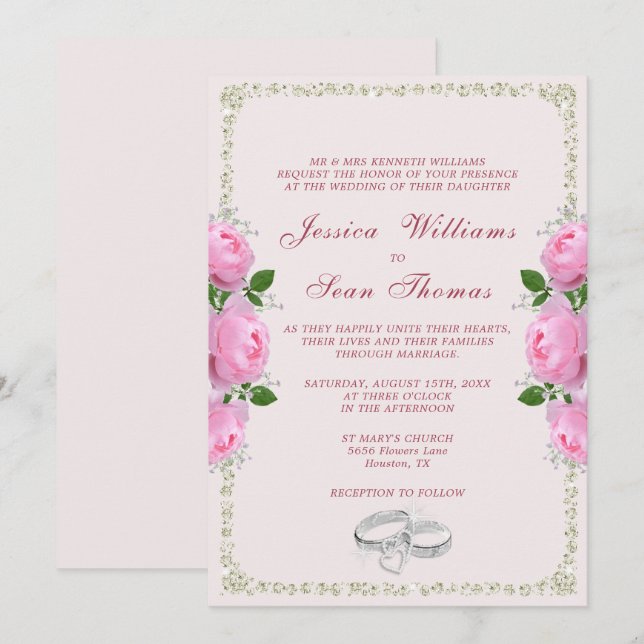 Posh Framed Diamond Rings & Pink Roses Wedding Invitation (Front/Back)