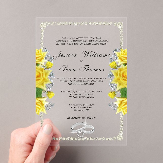 Posh Framed, Diamond Rings & Yellow Roses Wedding Acrylic Invitations (Insitu (Handheld))