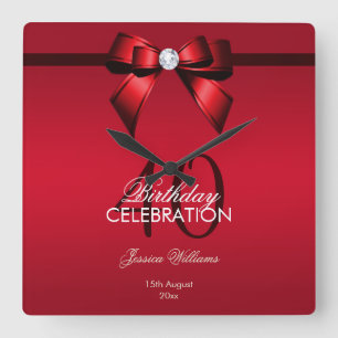 Posh Gem Bow & Ribbon 40th Birthday Square Wall Clock