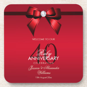 Posh Gem Bow & Ribbon 40th Wedding Anniversary Coaster