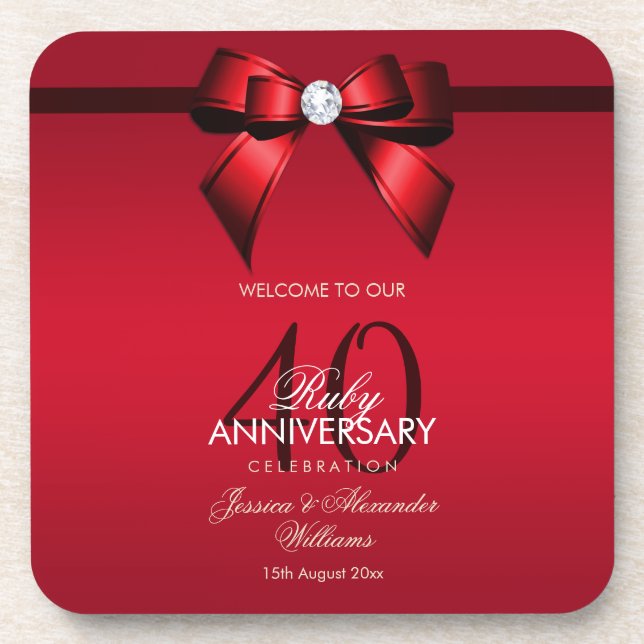 Posh Gem Bow & Ribbon 40th Wedding Anniversary Coaster (Front)