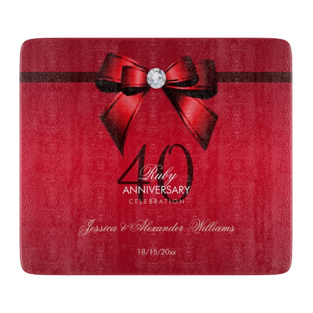 Posh Gem Bow & Ribbon 40th Wedding Anniversary Cutting Board (Front)