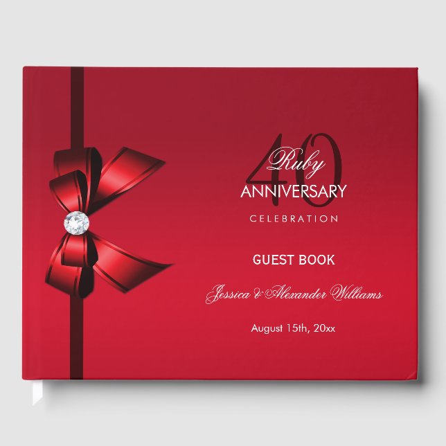 Posh Gem Bow & Ribbon 40th Wedding Anniversary Guest Book (Front)