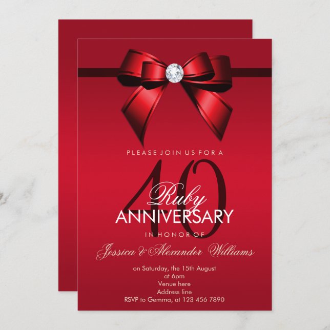 Posh Gem Bow & Ribbon 40th Wedding Anniversary Invitation (Front/Back)