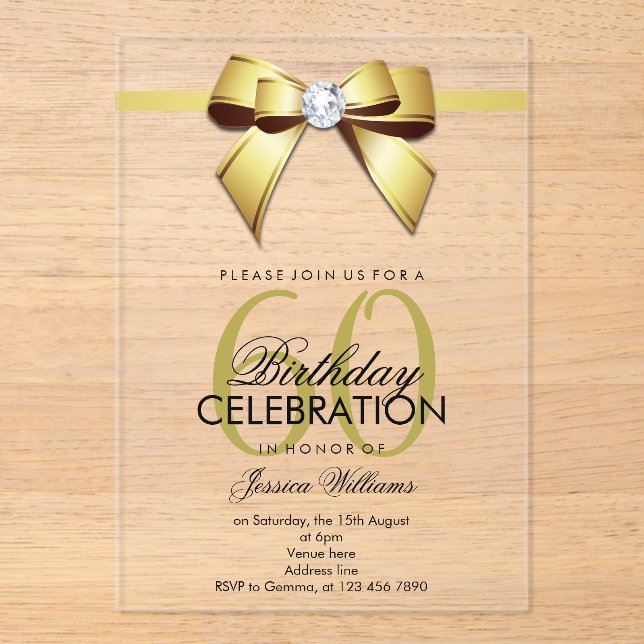 Posh Gem Bow & Ribbon 60th Birthday Acrylic Invitations (Front)