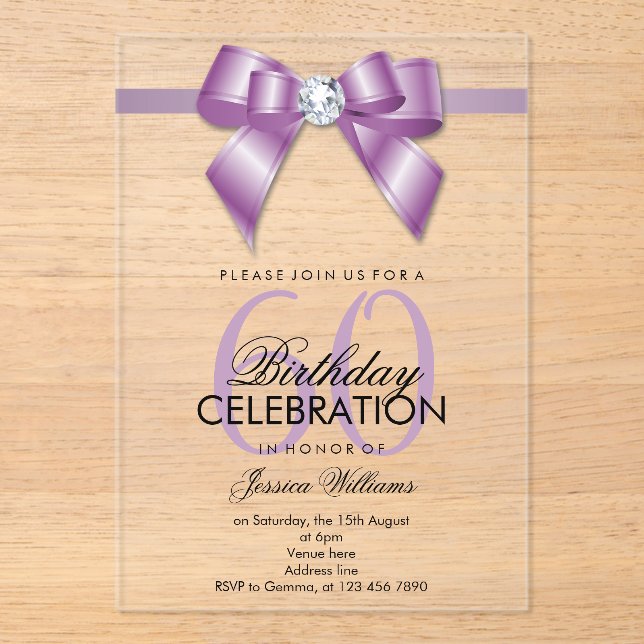 Posh Gem Bow & Ribbon 60th Birthday Acrylic Invitations (Front)