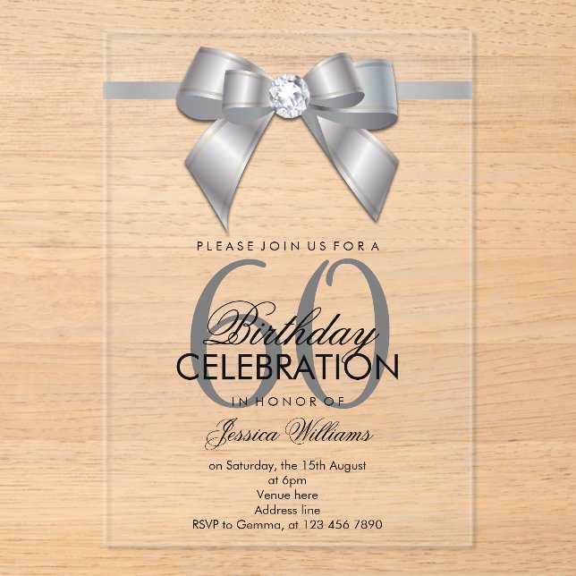 Posh Gem Bow & Ribbon 60th Birthday Acrylic Invitations (Front)