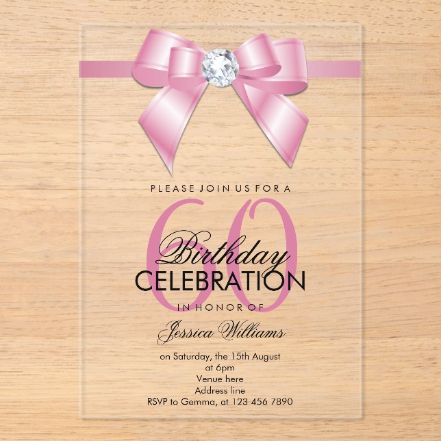 Posh Gem Bow & Ribbon 60th Birthday Acrylic Invitations (Front)