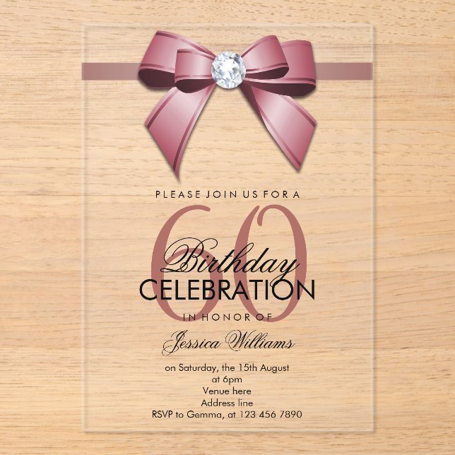 Posh Gem Bow & Ribbon 60th Birthday Acrylic Invitations (Front)