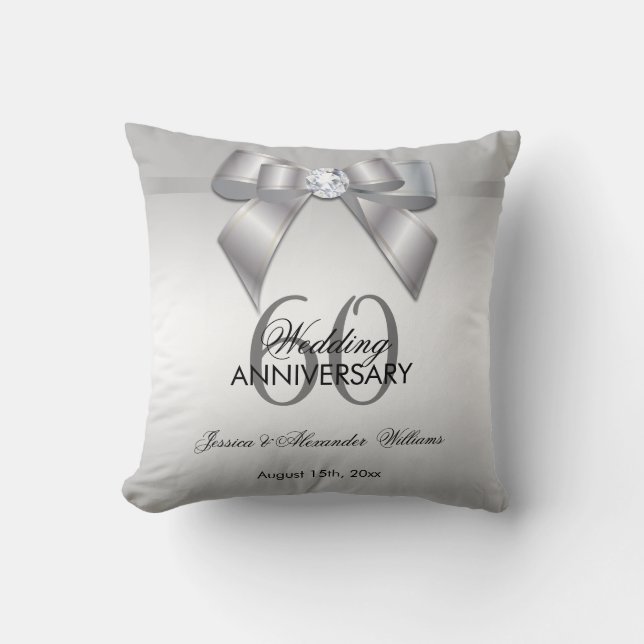 Posh Gem Bow & Ribbon 60th Wedding Anniversary Cushion (Front)