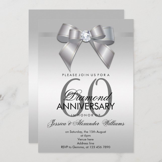 Posh Gem Bow & Ribbon 60th Wedding Anniversary Invitation (Front/Back)