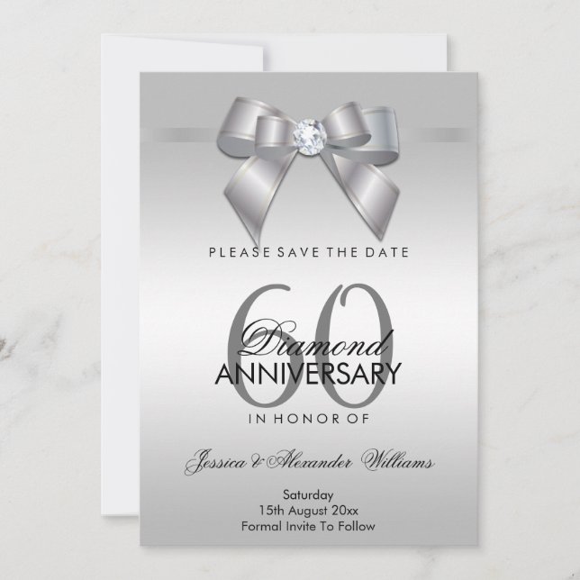 Posh Gem Bow & Ribbon 60th Wedding Anniversary Save The Date (Front)