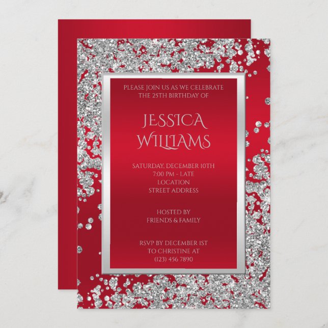 Posh Glitzy Diamonds & Ruby Red Birthday party Invitation (Front/Back)
