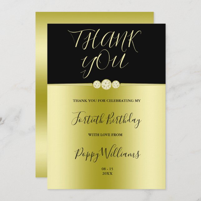 Posh Gold & Black Elegant Diamonds 40th Birthday Thank You Card (Front/Back)