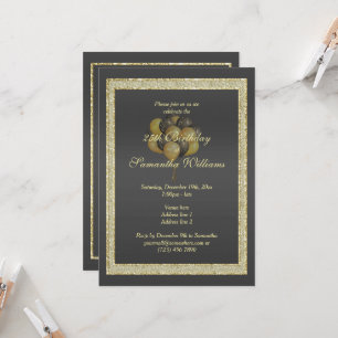 Posh Gold & Black, Glitter & Balloons Birthday Invitation