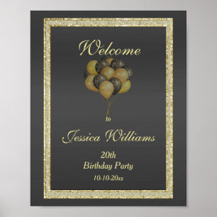 Posh Gold & Black, Glitter & Balloons Birthday Poster