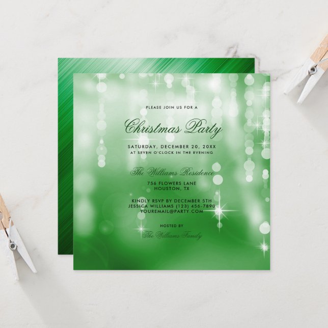 Posh Green Lights Bokeh Christmas Invitation (Front/Back In Situ)