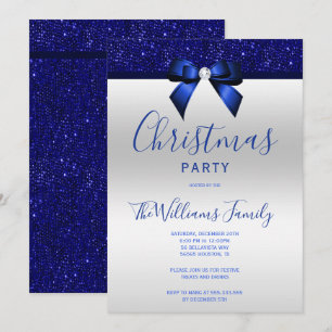 Posh Navy Blue Jewel Bow Christmas Party Invitation
