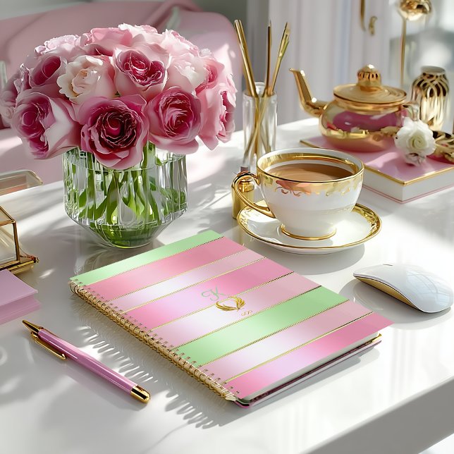 Posh Pastel Pink and Green Striped Planner (Stylish Pink and Pastel Green Monogrammed Planner/Glossy Finish (pictured) or Matte)