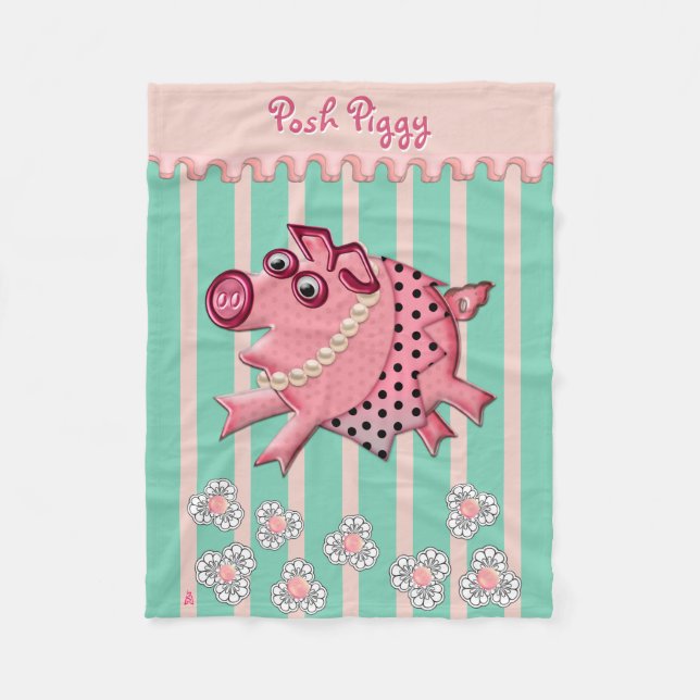 Posh Piggy in Pink on Mint Green Personalised Fleece Blanket (Front)