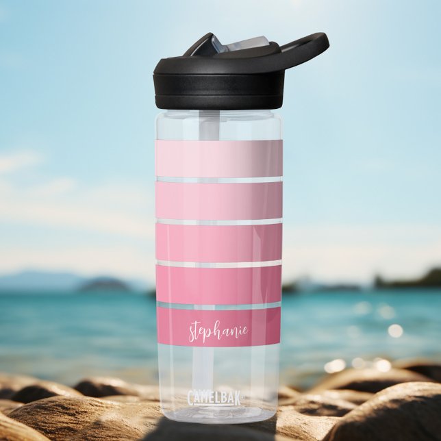Posh Pink Retro Stripes Gradient - Script Name Water Bottle (Personalized water bottle with retro stripes and your name)