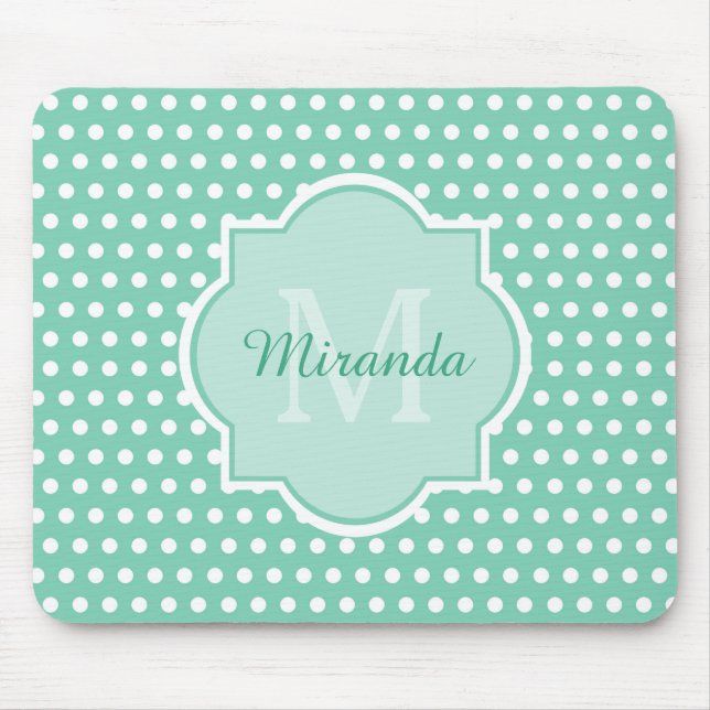 Posh Polka Dots Mint Green Monogram and Name Mouse Pad (Front)