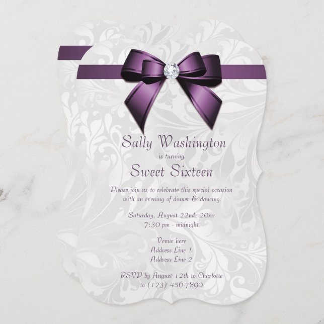 Posh Purple Diamond Bow & Damask Sweet 16 Invitation (Front/Back)