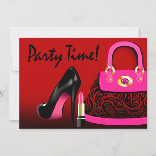 Posh Purse, High Heels and Lipstick Girls Party Invitation (Front)