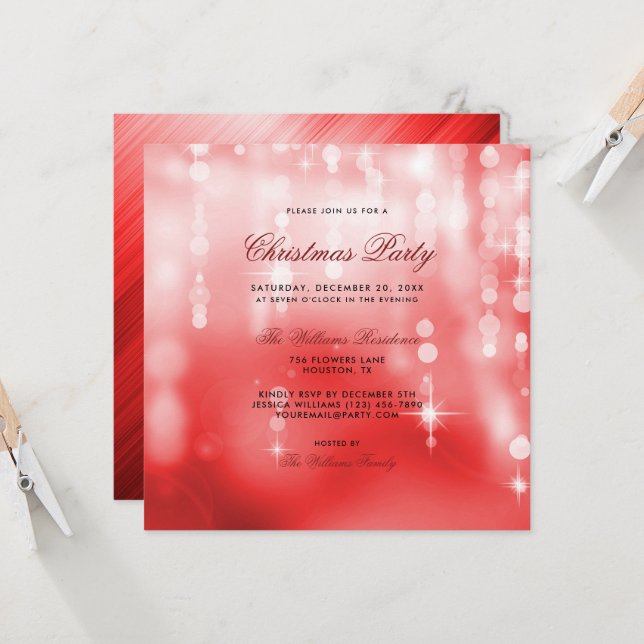 Posh Red Lights Bokeh Christmas Invitation (Front/Back In Situ)