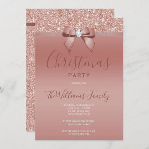 Posh Rose Gold Jewel Bow Christmas Party Invitation