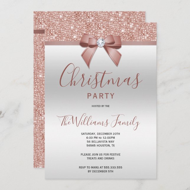 Posh Rose Gold Jewel Bow Christmas Party Invitation (Front/Back)