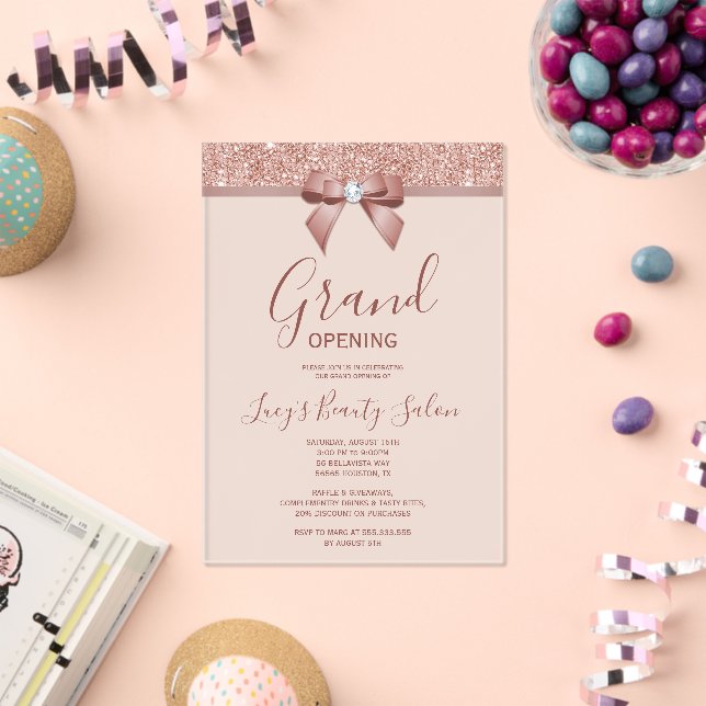 Posh Rose Gold Jewel Bow Grand Opening Acrylic Invitations (Insitu (Celebration))