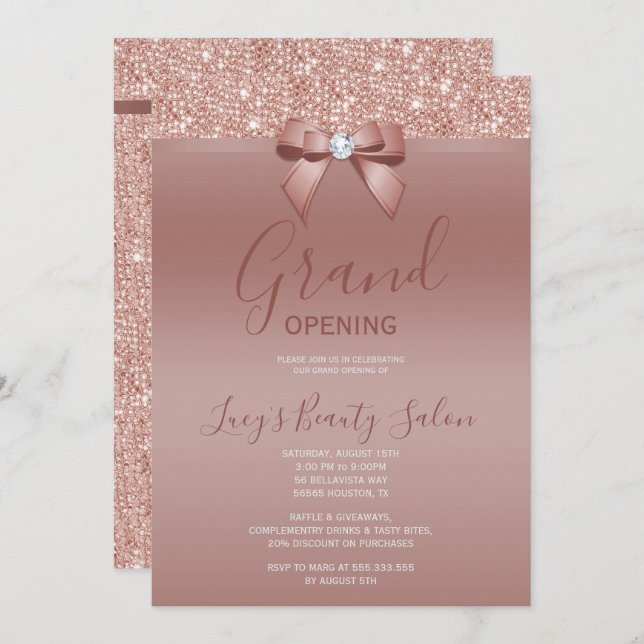 Posh Rose Gold Jewel Bow Grand Opening Invitation (Front/Back)