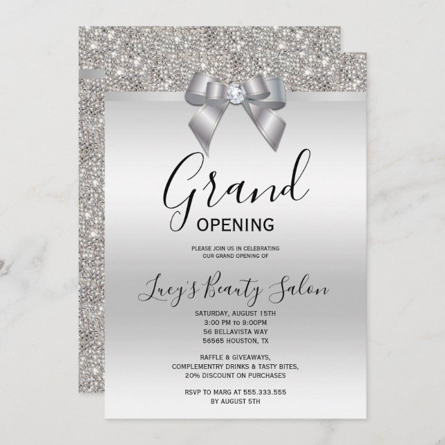 Posh Rose Silver Jewel Bow Grand Opening Invitation (Front/Back)