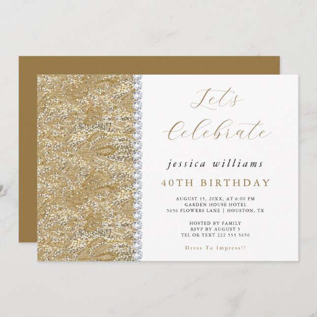 Posh Sequins & Diamonds Gold Birthday  Invitation (Front/Back)