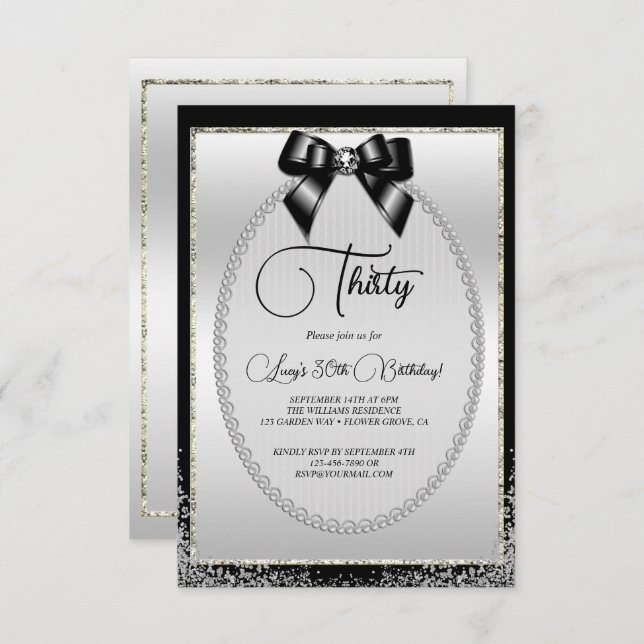 Posh Silver, Black Gem Bow & Glitter Birthday Invitation (Front/Back)