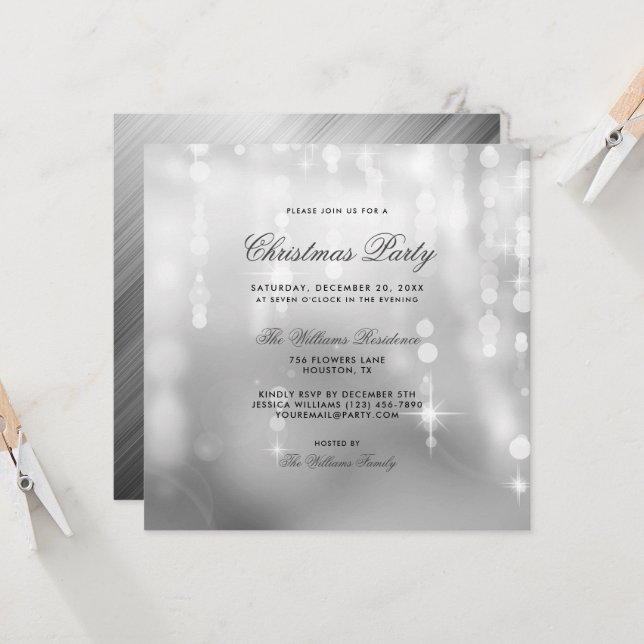 Posh Silver Lights Bokeh Christmas Invitation (Front/Back In Situ)