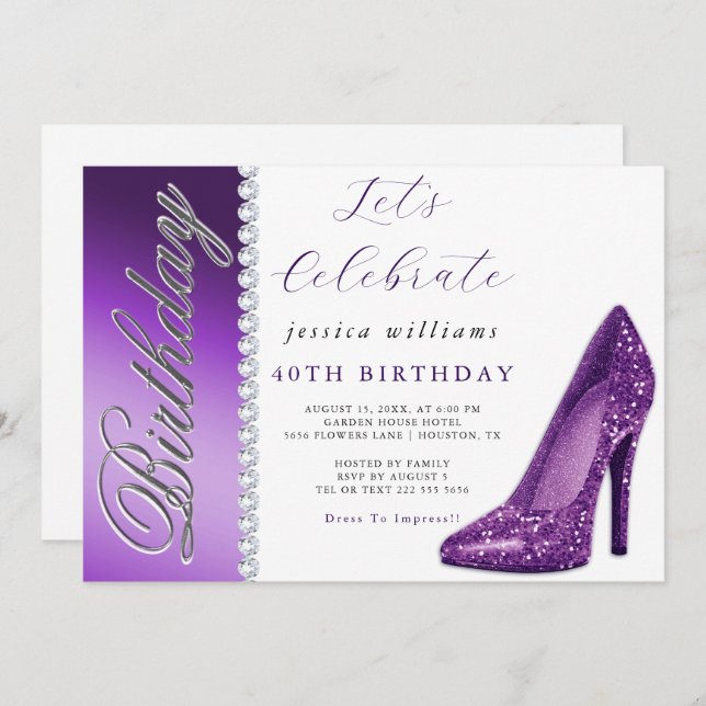 Posh Stiletto & Diamonds Purple Birthday  Invitation (Front/Back)
