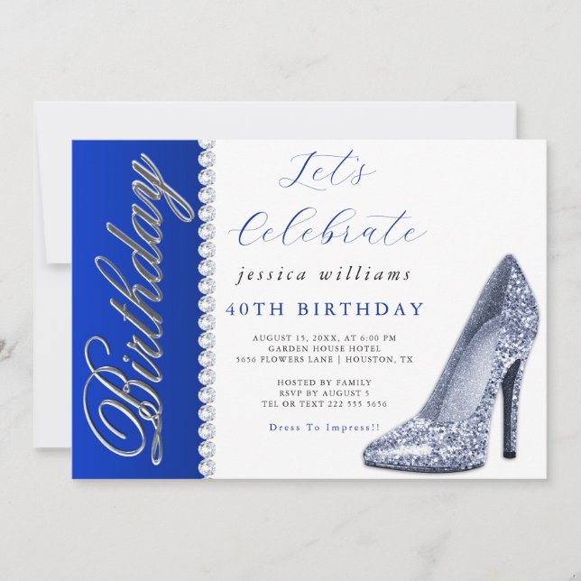 Posh Stiletto & Diamonds Royal Blue Birthday  Invitation (Front)