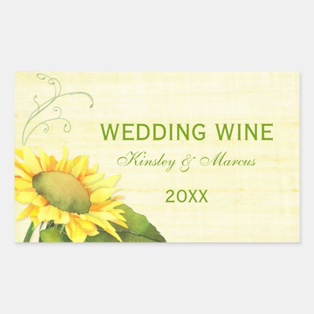 Posh Sunflower + Swirl Wedding Wine Bottle Label (Front)