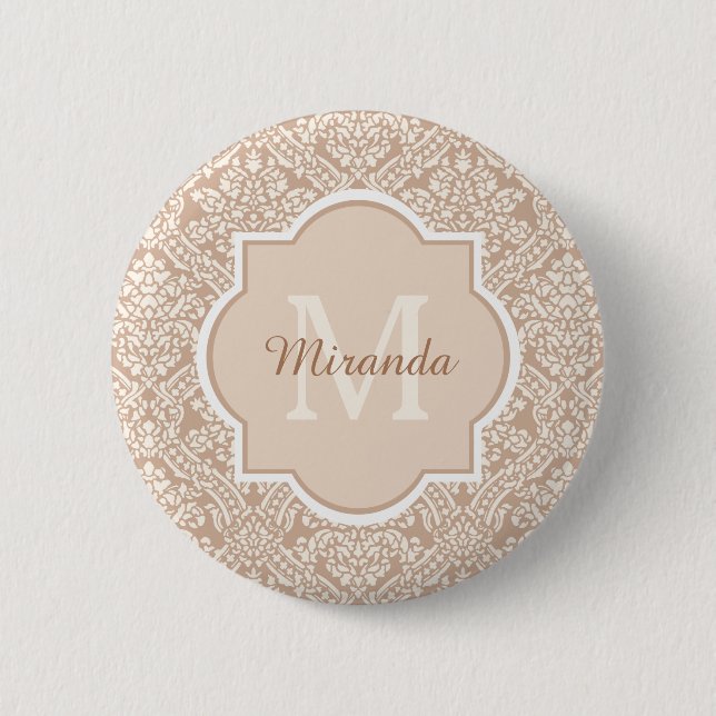 Posh Tan Damask Pattern Monogram With Name 6 Cm Round Badge (Front)