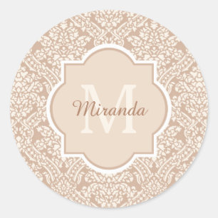 Posh Tan Damask Pattern Monogram With Name Classic Round Sticker